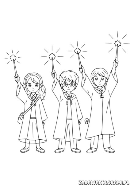 Kolorowanki Harry Potter dla dzieci z trójką uczniów Hogwartu trzymających czarodziejskie różdżki