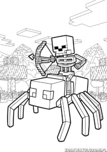 Kolorowanki minecraft z Creeperem trzymającym łuk w świecie z pikselowymi górskimi krajobrazami.