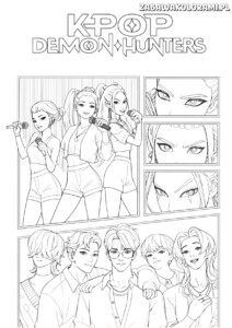 Kpop łowcy demonów kolorowanka z rysunkami członków zespołu i ich unikalnymi stylami.
