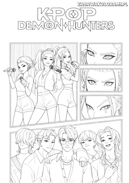 Kpop łowcy demonów kolorowanka z rysunkami członków zespołu i ich unikalnymi stylami.