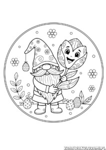 Krasnoludek wielkanocny kolorowanka z uśmiechniętym krasnalem i kwiatami w tle