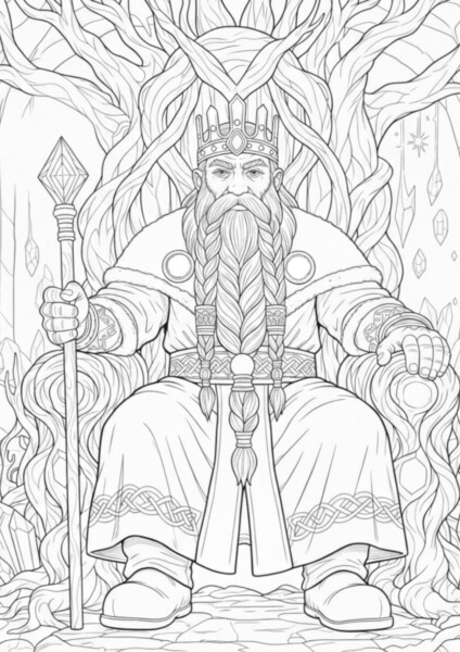 Król krasnali kolorowanka z wzniosłym królem w koronie i szatach, trzymającym magiczne berło