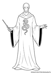 Lord Voldemort kolorowanka z postacią w długiej szacie i wężem na piersi, trzymającą różdżkę