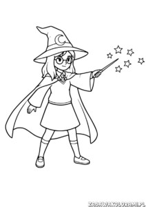Magiczna Wróżka Kolorowanka przedstawia uśmiechniętą małą czarownicę w kapeluszu z różdżką i gwiazdami