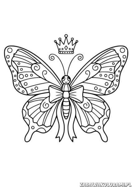Motyl Kolorowanka z koroną, ozdobnymi skrzydłami i wzorami do kolorowania przez dzieci