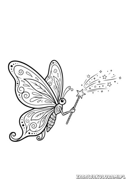 Motyl Wróżka Kolorowanka – magiczny motyl z różdżką i gwiazdami na skrzydłach