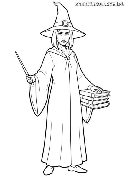Nauczycielka Kolorowanka Harry Potter z różdżką i książkami zaklęć w długiej szacie i czarodziejskim kapeluszu