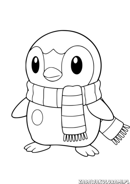Piplup pokemon kolorowanka – pingwin w swetrze i szaliku, gotowy do pokolorowania