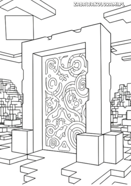 Portal Kolorowanka minecraft przedstawia złożony, trójwymiarowy labirynt z ornamentami na ścianach