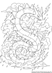Rayquaza Pokomeny kolorowanka – smok z piorunami w dynamicznej burzy
