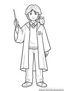 Ron Weasley do druku. Kolorowanka przedstawia Rona z różdżką, sówką na ramieniu i strojem z Gryffindoru.