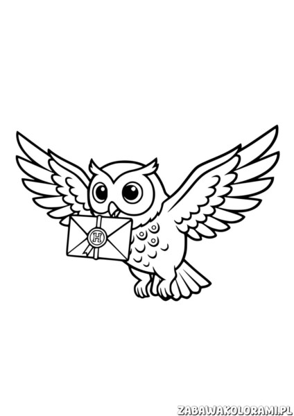 Sowa Pocztowa Kolorowanka z listem w szponach i rozpostartymi skrzydłami