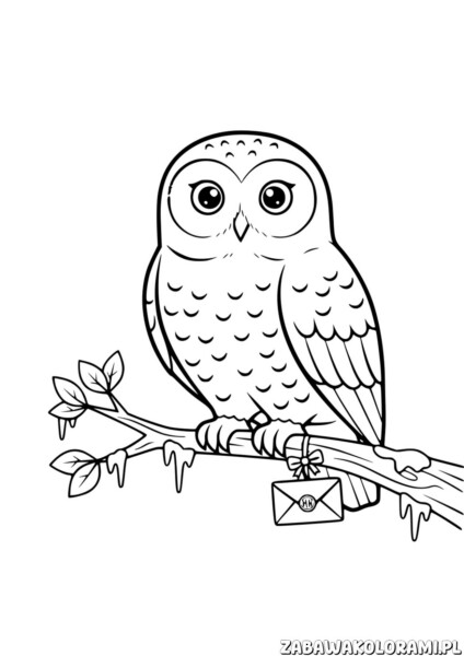 Sowa Pocztowa Harry Potter – kolorowanka z sową na gałęzi z listem
