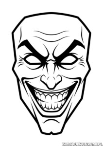 Twarz Joker Kolorowanka z intensywnym wyrazem twarzy i szerokim uśmiechem z ostrymi zębami