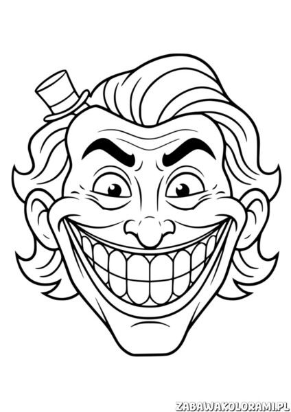 Twarz jokera kolorowanka przedstawia uśmiechniętą postać z cyrylnym kapeluszem i włosami w kudłatym stylu
