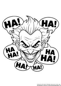 Twarz jokera kolorowanka z Jokerem i śmiechem "HA! HA!" dla dzieci