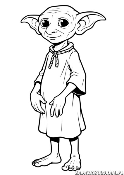 Dobby Domowy Zgredek kolorowanka – rysunek przedstawia Dobby'ego z serii Harry Potter, z charakterystycznymi dużymi uszami.
