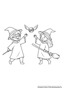 Dwie czarownice kolorowanka z miotłami i złotym zniczem