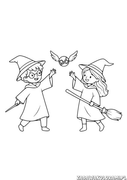 Dwie czarownice kolorowanka z miotłami i złotym zniczem