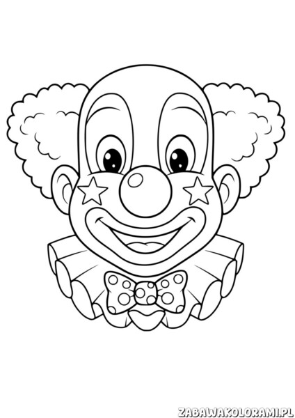 Buzia klauna kolorowanka kontury twarzy z wielkim uśmiechem, wielkimi oczami i frędzlą