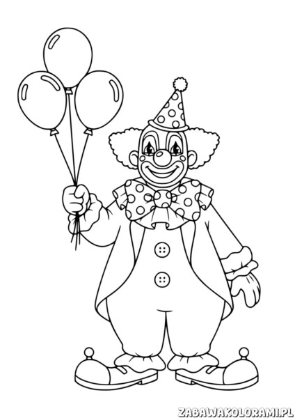 Klaun kolorowanka z balonami, wesołym uśmiechem i tradycyjnym strojem cyrculowym