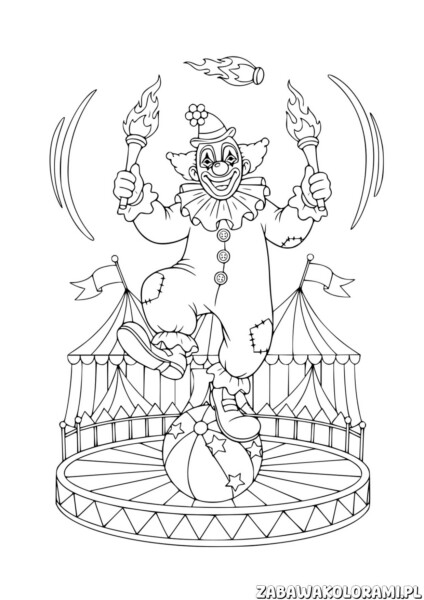 Klaun cyrkowy kolorowanka – uśmiechnięty klaun z pochodniami, acrobaci na platformie w cyrku