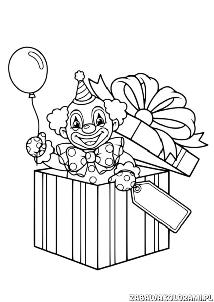 klaun kolorowanka do druku z klaunem wyłaniającym się z prezentu zdobionego kwiatem i balonem