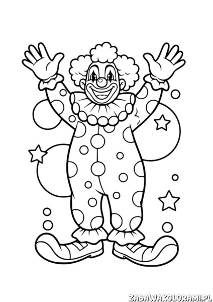 Klaun kolorowanka pdf – klaun w cyrkowym stroju z uśmiechem i rozłożonymi rękami
