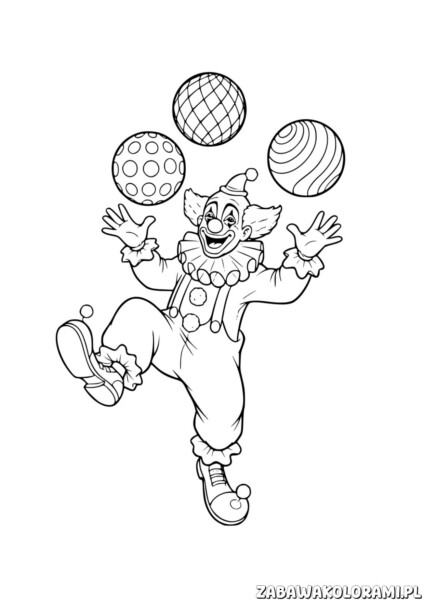 klaun malowanka do druku - klaun w stroju cyrkowym żongluje trzema piłkami o różnym wzorze