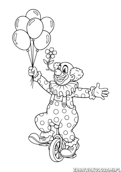 Klaun z balonami kolorowanki – klaun na monocyklu z balonami i balonami