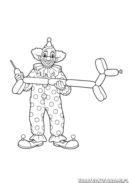 klaun z balonem kolorowanka: Klaun w tradycyjnym stroju trzyma balon i wesoło uśmiecha się