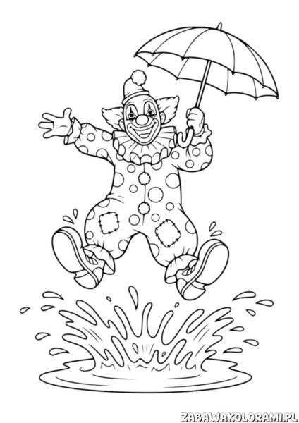 klaun z parasolka i deszczem-Kolorowanka: Klaun w kolorowej stroju i wigiem trzyma parasolkę podczas tańca w deszczu.