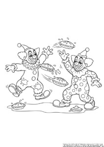 klauny kolorowanka z przedstawiająca dwoje klaunów walczących naleśnikami