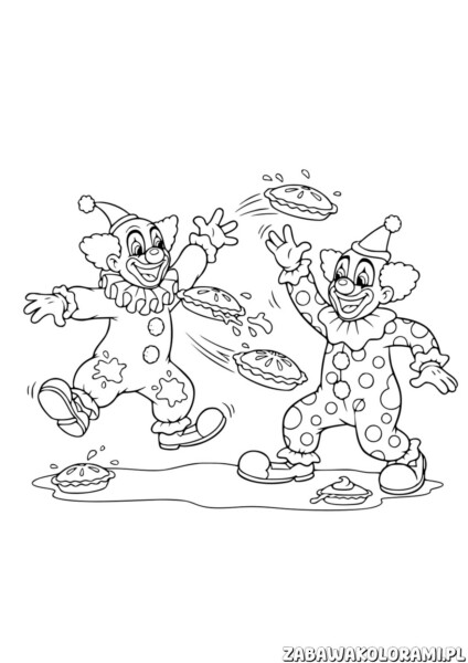 klauny kolorowanka z przedstawiająca dwoje klaunów walczących naleśnikami