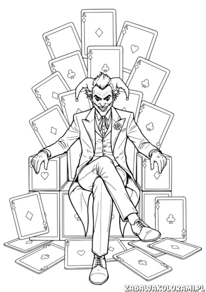 Kolorowanka joker tron karty do druku z Jokerem i kartami do kolorowania