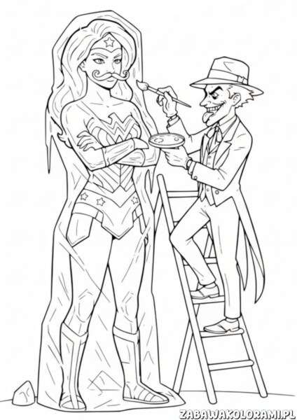 Kolorowanka Joker Wonder Woman przedstawia humorystyczną interakcję między Wonder Woman a Jokerem, gdzie Joker próbuje pomalować twarz Wonder Woman.