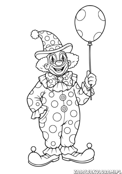 kolorowanka klaun przedstawia klauna w kapeluszu z balonem
