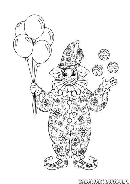 Kolorowanka klaun do druku PDF. Klaun z balonami i piłkami w kreatywnym stroju.