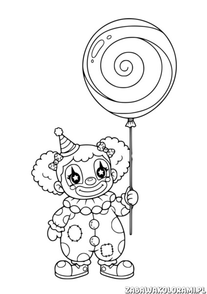 Kolorowanka klaun z lizakiem z wesołym klaunem trzymającym balon i lizak.