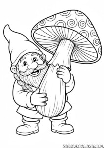 Kolorowanka krasnal z uśmiechniętym krasnalem trzymającym muchomor