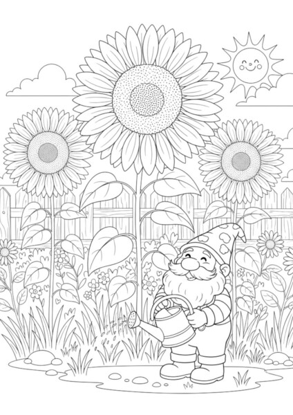 Kolorowanka krasnal w ogrodzie z kwiatami słonecznika, płotkiem i uśmiechniętym słońcem na niebie