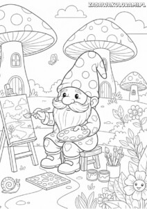 Kolorowanka krasnoludek pod muchomorem: krasnoludek z pędzlem maluje krajobraz na sztalugach w baśniowym lesie.