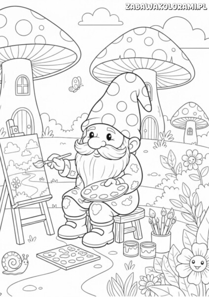 Kolorowanka krasnoludek pod muchomorem: krasnoludek z pędzlem maluje krajobraz na sztalugach w baśniowym lesie.