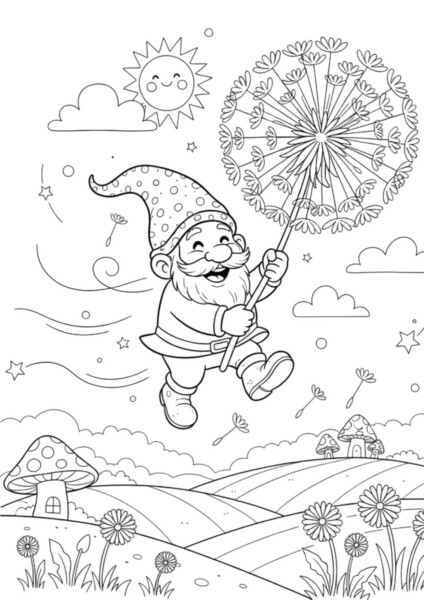 Kolorowanka krasnoludek z dmuchawcem – uśmiechnięty krasnal z dmuchawą, słońce i baśniowe grzyby
