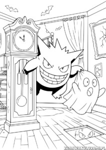 kolorowanka pokemony do druku – duch w otwartym zegarze z nietoperzami