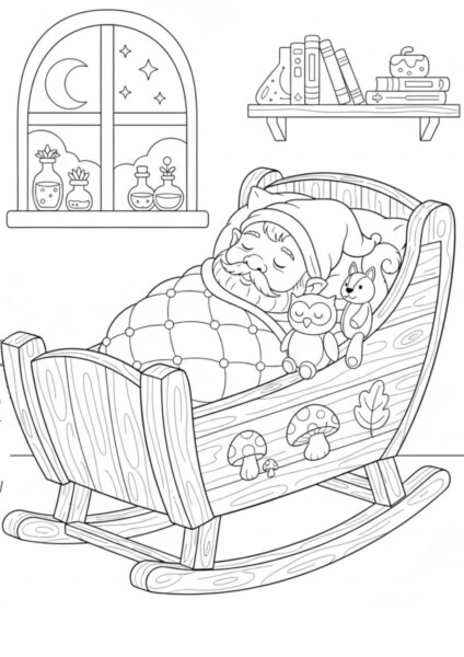 Kolorowanka spiacy krasnal śpiącym w magicznym fotelu huśtawka z pluszakami i książkami