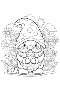 Kolorowanka Krasnoludek, który wygląda na bajkową postać złożoną z grzybków, otoczony przez kwiaty i ślimaki.