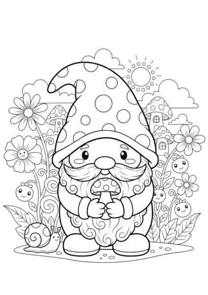 Kolorowanka Krasnoludek, który wygląda na bajkową postać złożoną z grzybków, otoczony przez kwiaty i ślimaki.