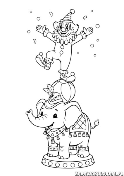 Kolorowanki klaun z dwiema postaciami: słoniem w stroju błazna i klaunem na grzbiecie, idealne do kolorowania