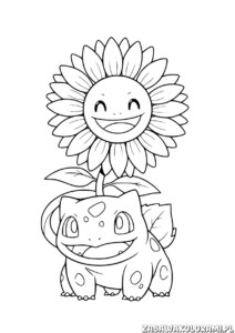 kolorowanki pokemon do druku Bulbasaur i uśmiechnięty słonecznik – prosta kolorowanka